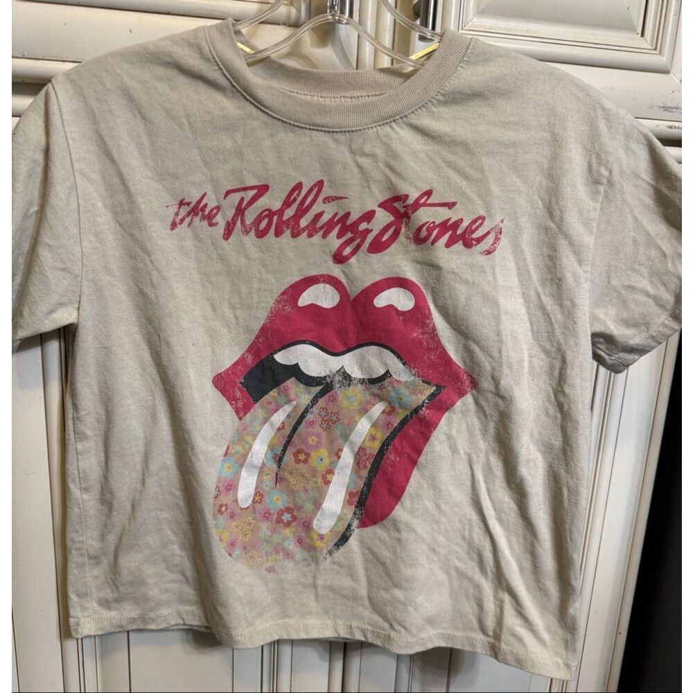The Rolling Stones Girls Floral Tongue Short Sleeve Graphic T-Shirt Beige Medium